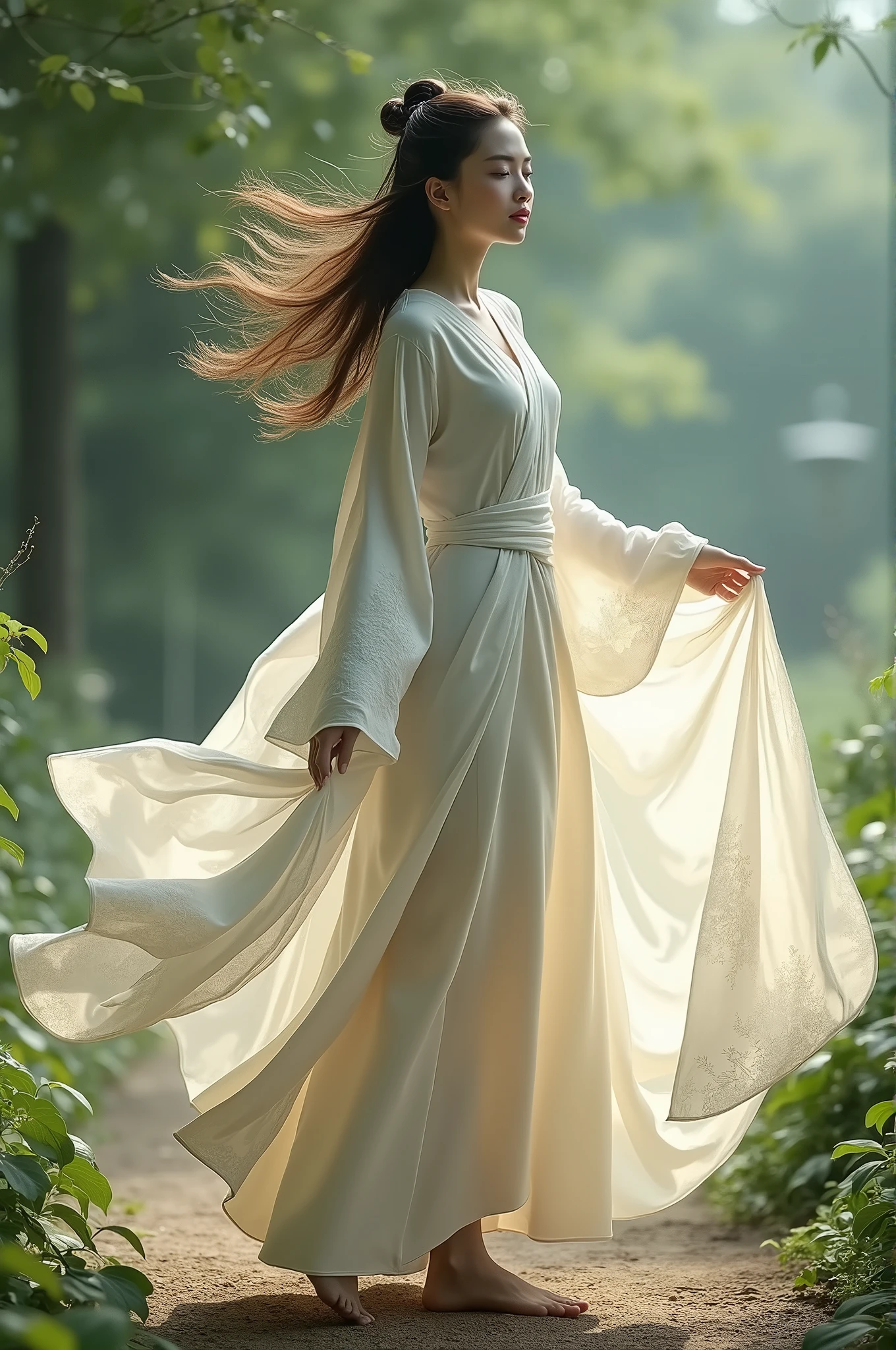 Hello wind blowing an Asian woman's wrap around skirt into the air