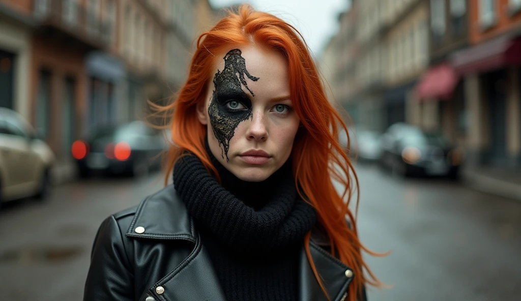 close up photograph shot of a natural redhead country woman 18 year old she is a damaged terminator with half the face damaged, wearing a black sweater with a leather jacket on top, in a stree, cinematic, high quality, HD, sharp focus, detailed skin,
