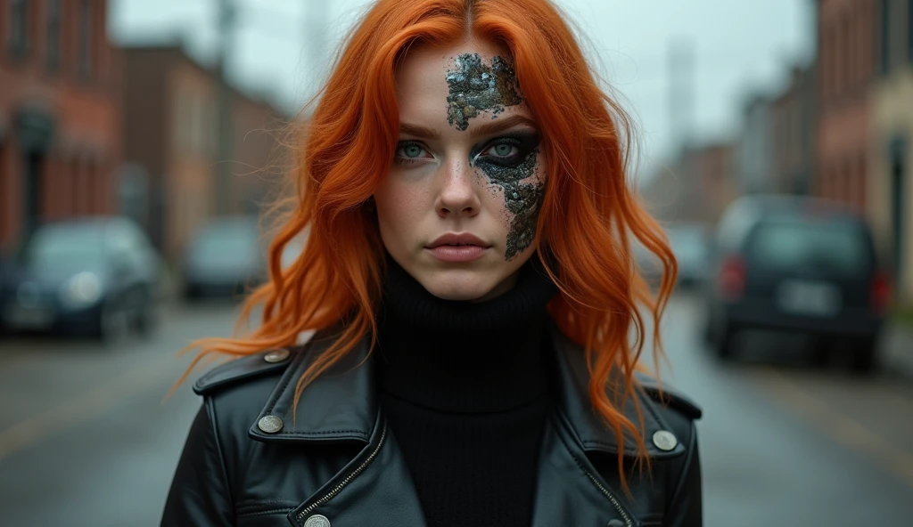 close up photograph shot of a natural redhead country woman 18 year old she is a damaged terminator with half the face damaged, wearing a black sweater with a leather jacket on top, in a stree, cinematic, high quality, HD, sharp focus, detailed skin,