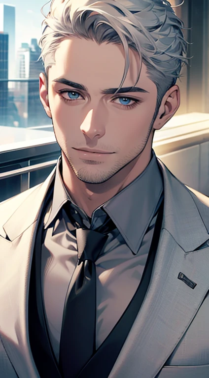 (best quality,4k,8k,highres,masterpiece:1.2),ultra-detailed,(realistic,photorealistic,photo-realistic:1.37),1 man,31 years old,mature man,very handsome,without expression,smile,short grey white hair,blue eyes,penetrating gaze,perfect face without errors,imposing posture,businessman,office background,cinematic lighting,hdr image