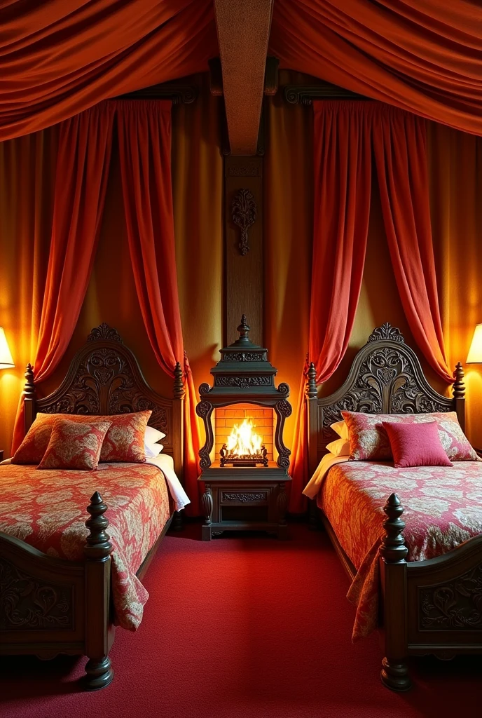 the large bedroom has 2 single beds, one on each wall, with good space between them and a red carpet on the floor. The walls are covered with rich fabrics in warm tones such as red, orange and gold. Beds feature ornate headboards that often include details that evoke flames. The sheets and blankets are made of high-quality, rustic materials, with patterns that imitate the heat of a fire. Each room is equipped with a smaller fireplace or heat source, providing a comfortable and welcoming environment. The decor is rustic, with furniture and accessories that complement the fire theme and create a comfortable space for residents.
