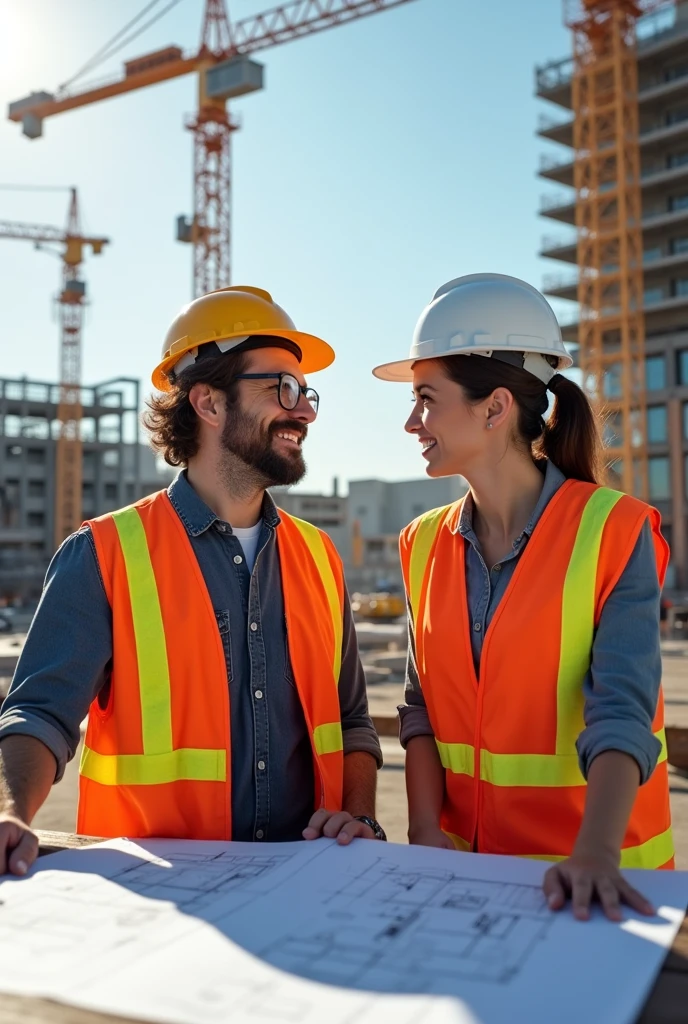 A man and a woman, both engineers in their 35s, conversing against a construction background. 