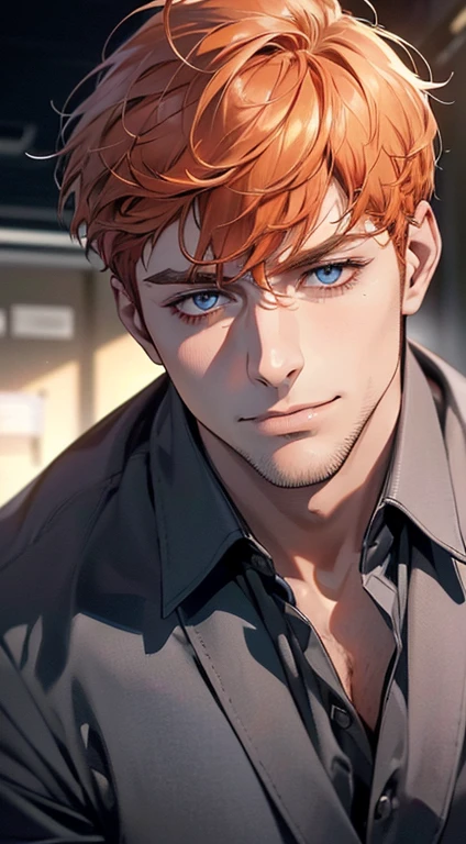 (best quality,4k,8k,highres,masterpiece:1.2),ultra-detailed,(realistic,photorealistic,photo-realistic:1.37),1 man,31 years old, man,very handsome,without expression,smile,short orange hair,blue eyes,penetrating gaze,perfect face without errors,imposing posture,businessman,office background,cinematic lighting,hdr image