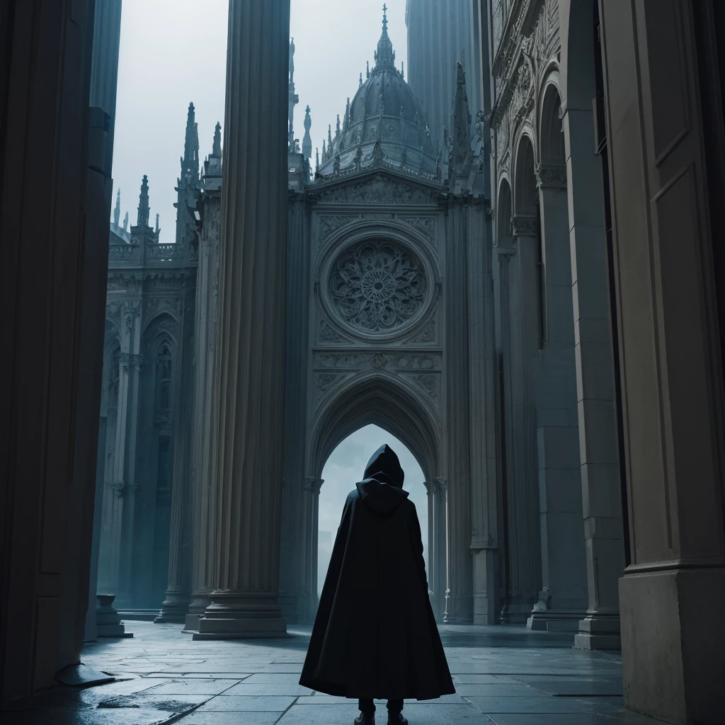 ((Best Quality)) Hooded figure gazing at the architecture of an advanced civilization with a dark color palette