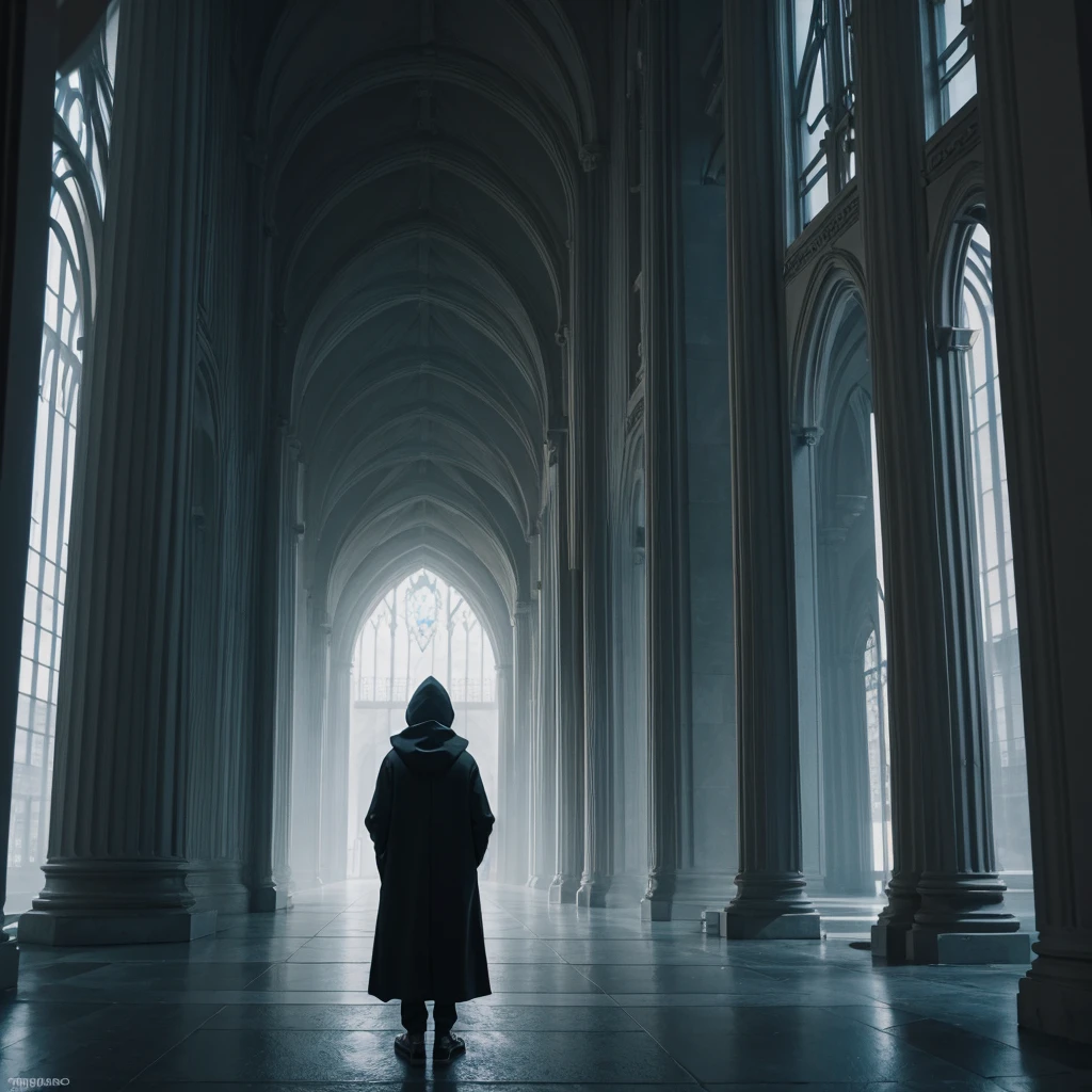 ((Best Quality)) Hooded figure gazing at the architecture of an advanced civilization with a dark color palette