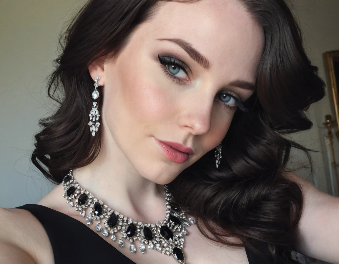 28-year-old French woman, realistic, real woman, gothique, pale complexion, sexly, black dress, neckleace, makeup, jewels, yeux clairs, smooth hair, photos dehors photo prises EN SELFIE 