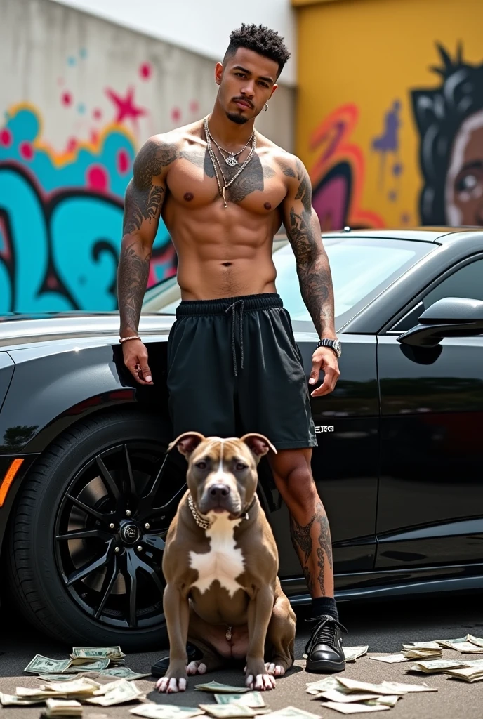 an 18 year old young man,trap singer,wearing no shirt,black Camaro,money,pitbull