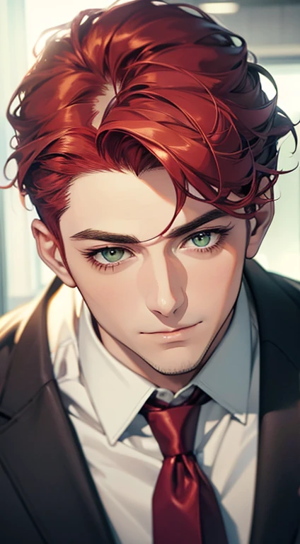 (Highest quality,4K,8K,High resolution,masterpiece:1.2),Super detailed,(Realistic,photoRealistic,photo-Realistic:1.37),1 person,31 years old,Mature Men,Beautiful skin、very handsome,Expressionless smile in love,Short gray red hair,green eyes,Sharp Eyes,A perfect face without a doubt,Businessman,Office Background,Cinema Lighting,HDR image,tie、