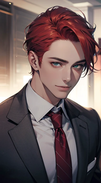 (Highest quality,4K,8K,High resolution,masterpiece:1.2),Super detailed,(Realistic,photoRealistic,photo-Realistic:1.37),1 person,31 years old,Mature Men,Beautiful skin、very handsome,Expressionless smile in love,Short gray red hair,green eyes,Sharp Eyes,A perfect face without a doubt,Businessman,Office Background,Cinema Lighting,HDR image,tie、