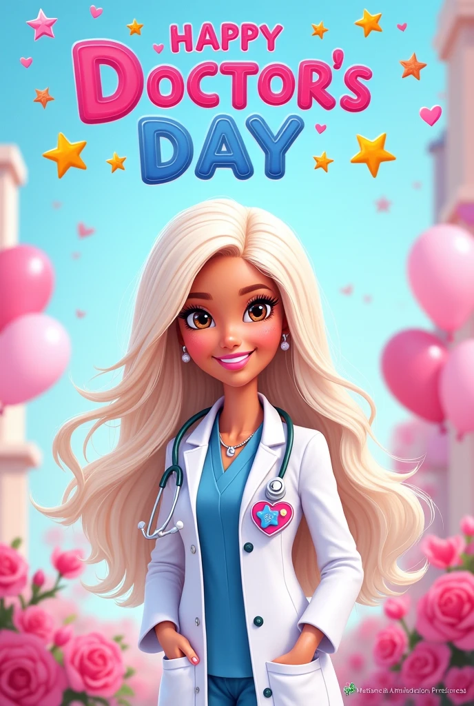 Happy Doctor's Day Barbie doctor image ,brown eyes, white hair cartoon , label letters that say happy doctor's day