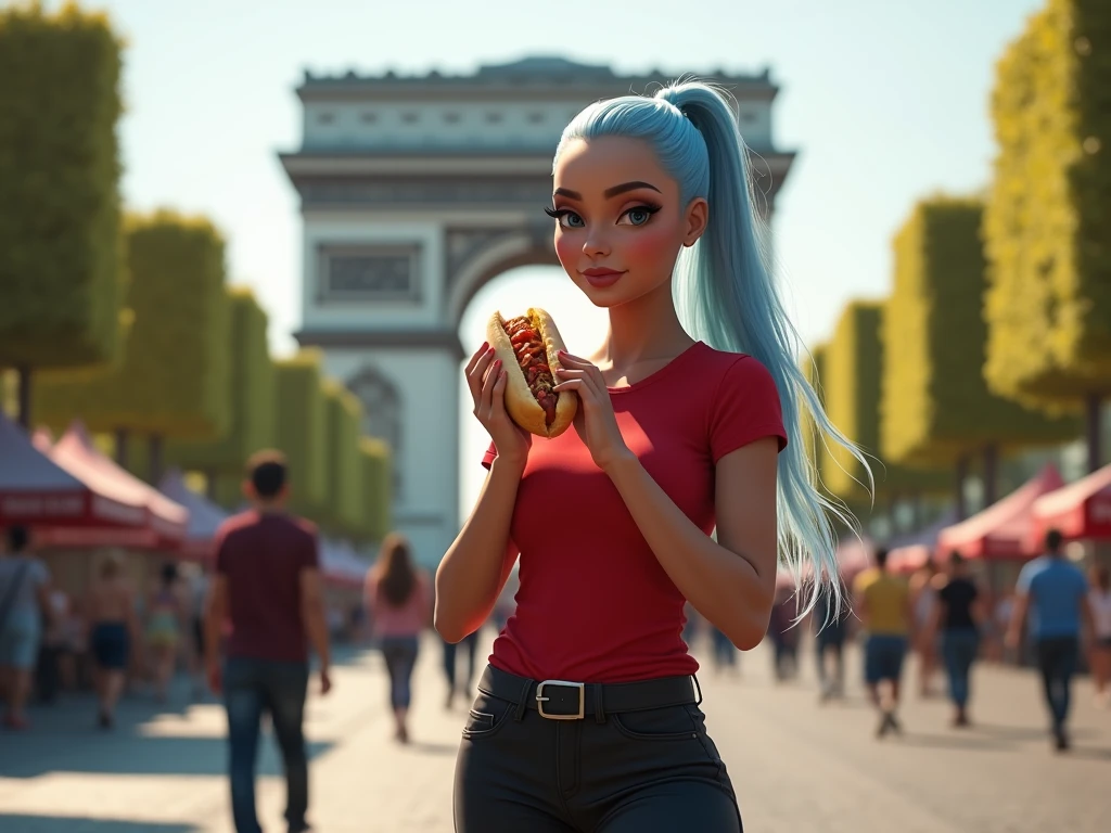 a beautiful biracial latina woman, long ponytail light blue hair, light blue eyes,big large breasts, wear red t-shirt low, black jeans and black shoes, in paris street, close to The triumphal arch, eating hot dog, Résolution Haute, photorealism, extremely detailed full body,