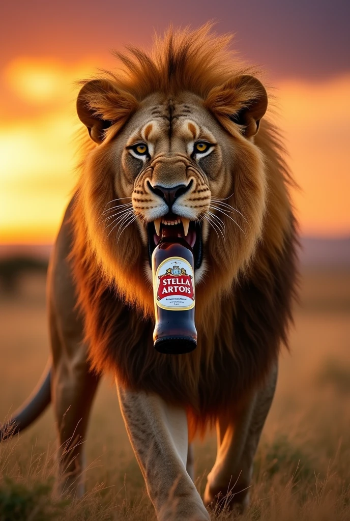 Create a photo of a lion with a fierce expression, holding a Stella beer.