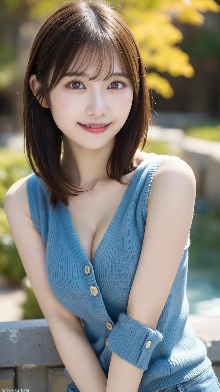 Ultra-realistic), (An illustration), (High resolution), (8k), (Very detailed), (最高のAn illustration),(Raw photo, Best Quality), (Realism, Photorealistic:1.4), Mastepiece, Very delicate and beautiful, Extremely detailed, 2k wallpaper, amazing, Fine details, Very detailedなCGユニティ8kの壁紙, Super detailed, High resolution, Beautiful detailed girl, Very detailedな目と顔, Beautiful detailed nose, Beautiful detailed eyes,Cinematic Lighting,Perfect Anatomy,Perfect promotion,(A shy smile, Beautiful Face), ((Perfect Legs, Perfect legs, Perfect hands, Perfect hands指, Perfect Arms, A shy smile, The mouth is perfect)), Looking straight at the camera, Bangs and ear bangs, (((Cute Japanese girl wearing denim shorts)))、 (((((A beautiful 20-year-old Japanese girl wearing a bright, vibrant blue sleeveless sweater.))))), (((H cup big breasts)))、(((Bursting Busty!!!!!!!!!))) (((Huge boobs!!!!)))、((Huge breasts))、(((Attractive big breasts!!!!!!))), ((((Full body writing)))), ((((Bob Cut Hair)))), ((Solo Photo)), ((Black Hair)), ((((Beautiful smile)))), (Slender body), ((Standing outdoors in a seductive pose)), ((Emphasis on cleavage)), ((huge breasts))