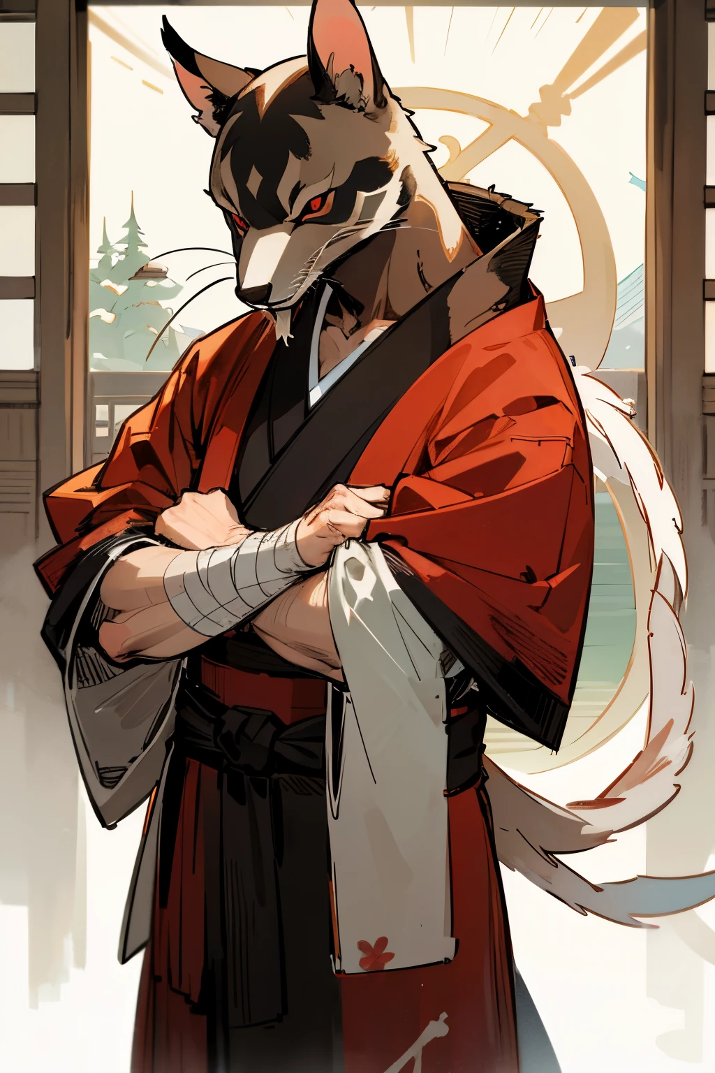 upper body, standing, dojo, japanese temple, inside, clothed, kimono, red kimono, rat tail, red eyes, goatee, brown body, white fur,brown fur, bandages, safe, (master splinter:1.2), solo, topwear, bottomwear, BREAK, by bruteandbrawn, by personalami, by kenket,