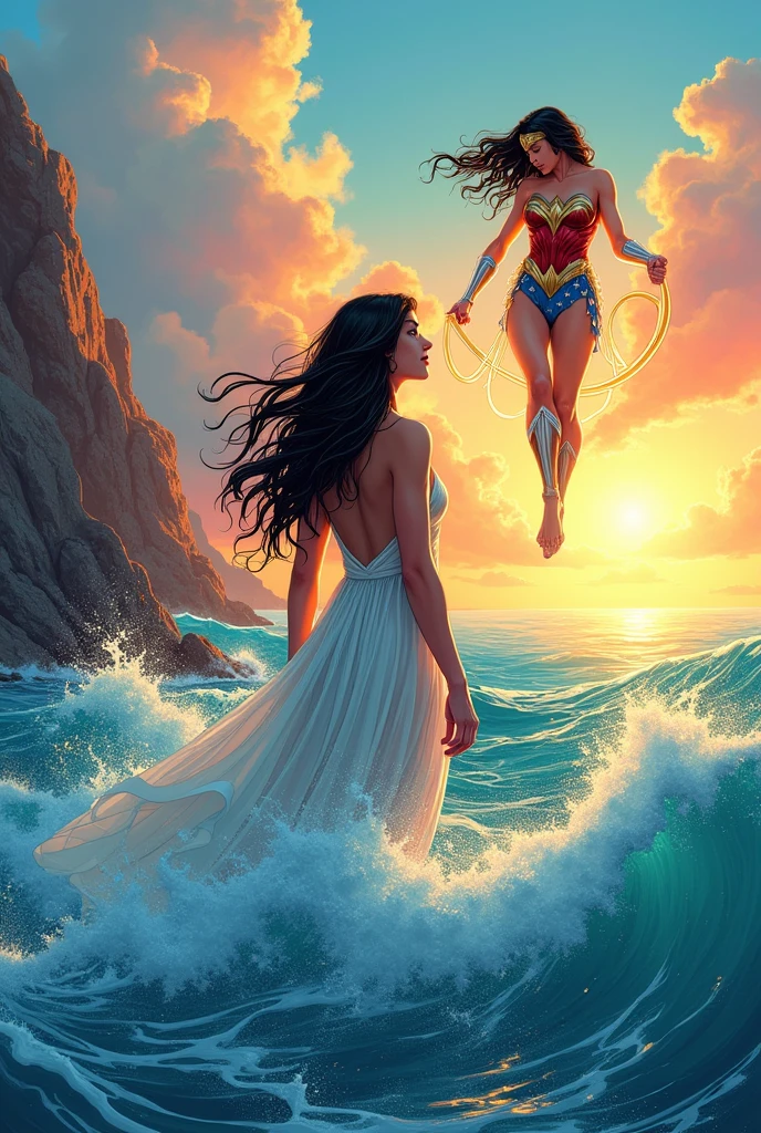 Comic cover of a Greek ager emerging from the sea, dressed like Sandro Botticelli's Birth of Venus painting, with the spirit of Wonder Woman observing her from the sky.