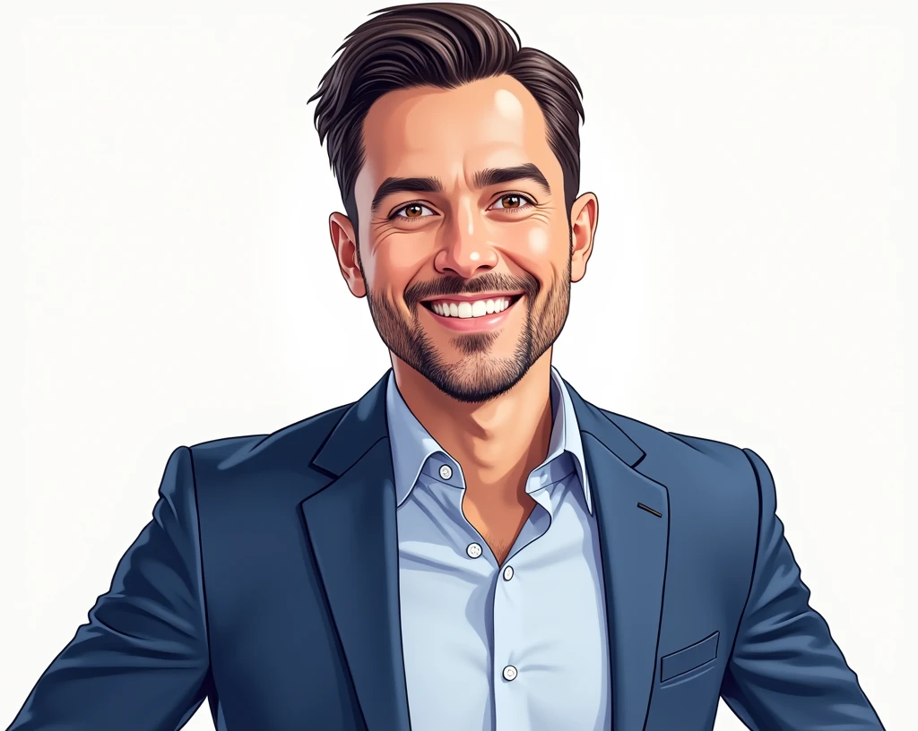 Create an avatar of a smiling orthopedic doctor in his 30s or 40s, with short dark hair and light-colored eyes. He is wearing a blue blazer over a light-colored collared shirt and has a friendly expression with a slight smile. The avatar should have a white background and convey a clean and professional appearance, suitable for a healthcare setting."