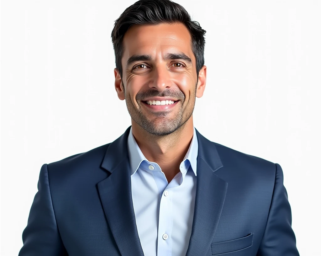 Create an avatar of a smiling orthopedic doctor in his 30s or 40s, with short dark hair and light-colored eyes. He is wearing a blue blazer over a light-colored collared shirt and has a friendly expression with a slight smile. The avatar should have a white background and convey a clean and professional appearance, suitable for a healthcare setting."