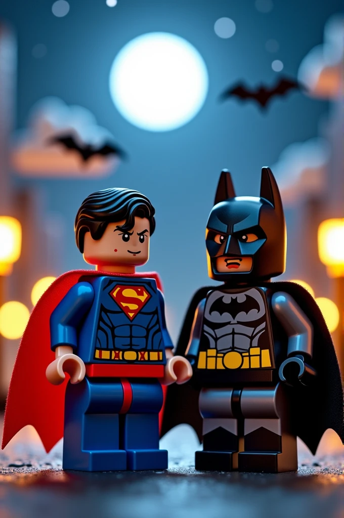 Superman and Batman in lego art, night
