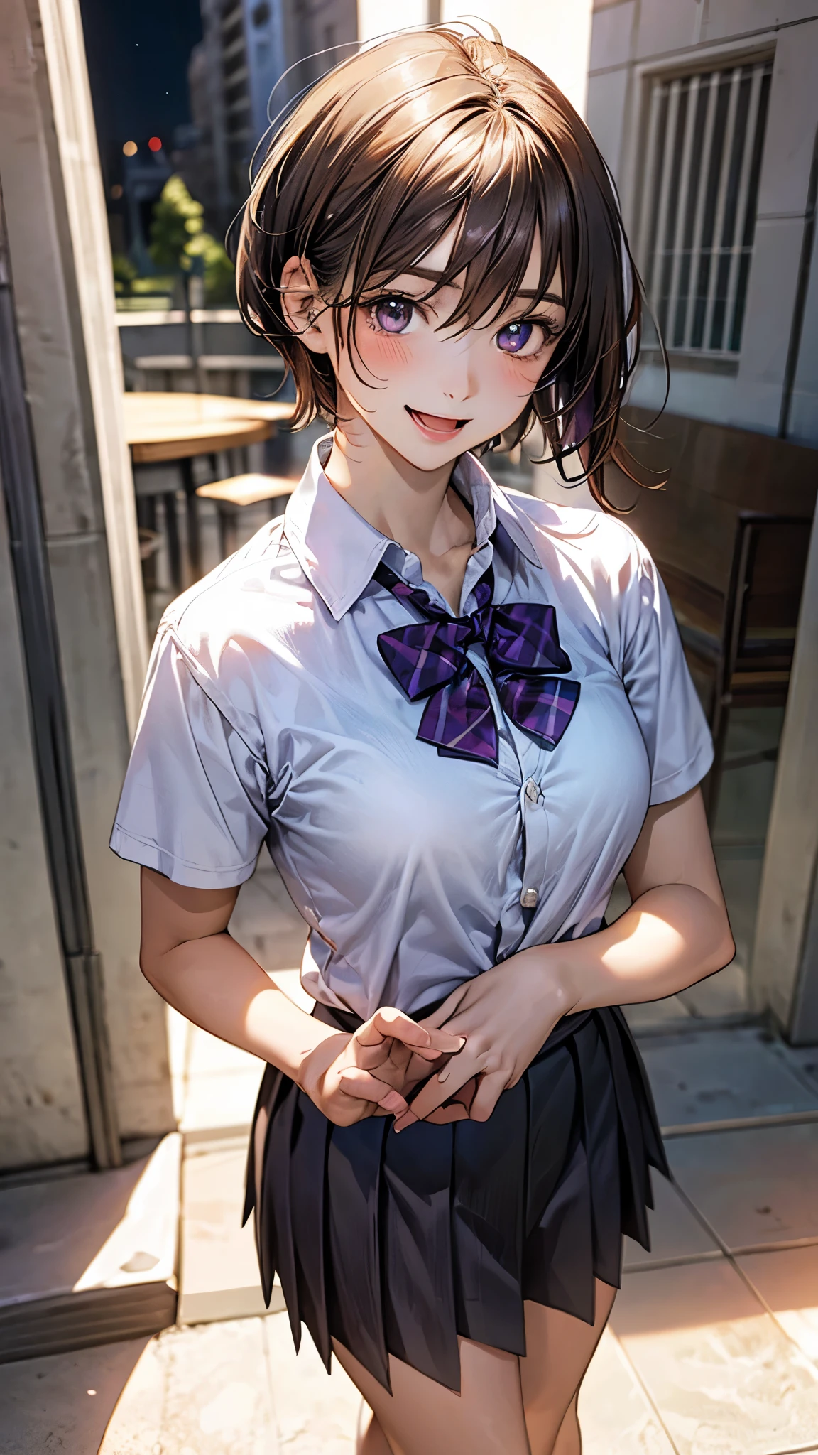 (masterpiece:1.2, highest quality), (realistic photo:1.4), beautiful illustrations, (natural side lighting, movie lighting), 
beautiful hair, beautiful face, detailed and beautiful eyes, beautiful clavicle, beautiful body, beautiful breasts, beautiful thighs, beautiful feet, beautiful fingers, 
looking at the viewer, 1 girl, high school girl, (perfect anatomy, anatomically correct, super detailed skin), cute symmetrical face, baby face, perfect face, perfect eyes, 
(short hair, pixie cut hairstyle, red brown hair), hair between eyes, gold eyes, big eyes, long eye lasher, (medium breasts, seductive thighs), perfect body, shiny skin, slender, 
(detailed cloth texture, break short sleeve light grey collared shirt, break dark purple pleated skirt, dark purple bow tie), break 
(beautiful scenery), night, (school yard;1.2), standing, break (own hands together), break (happy smile, open mouth, feeling of satisfaction), 