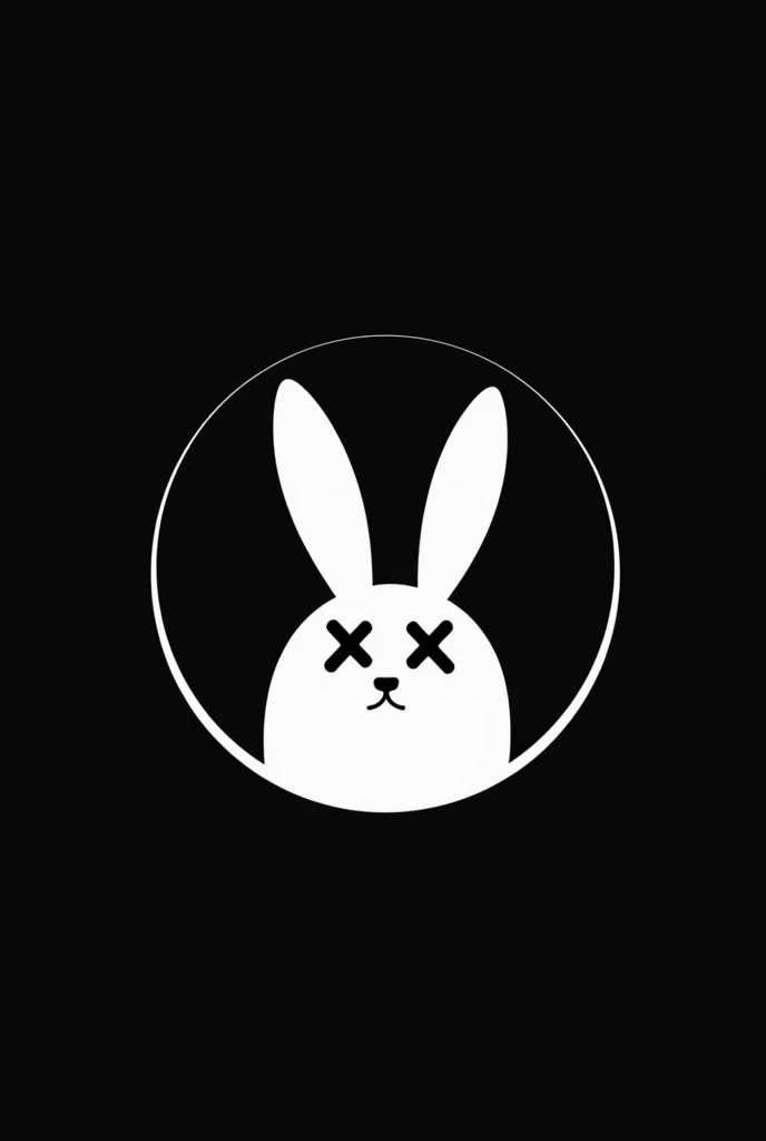 A round logo of a completely white rabbit with a black background and instead of eyes there are 2 cross marks 