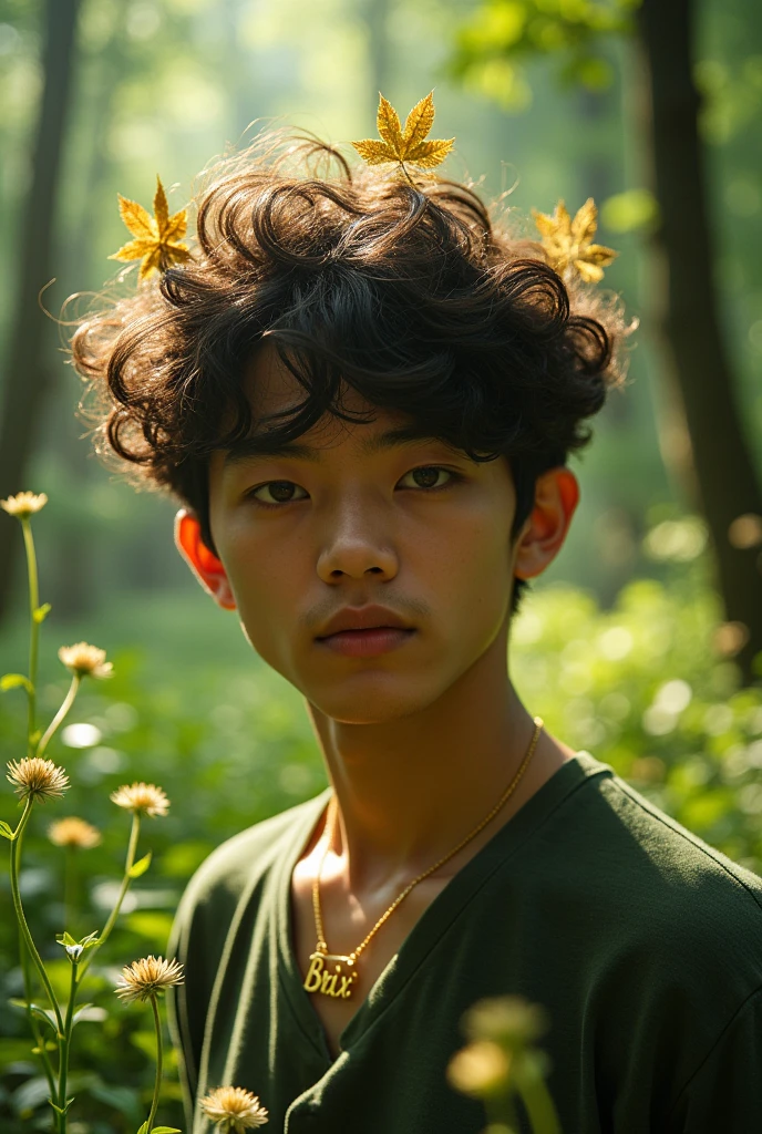 korean man 18 years old curly hair in the forest gold leaf on hair with a necklace gold name brix