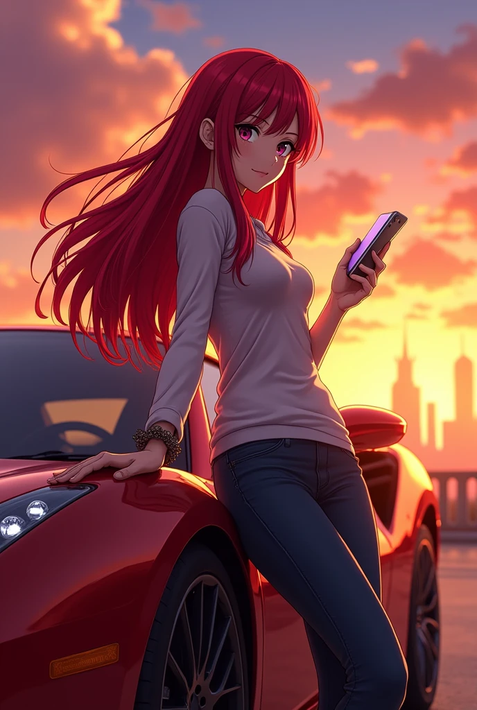 Anime woman with red hair, with the phone resting on the car