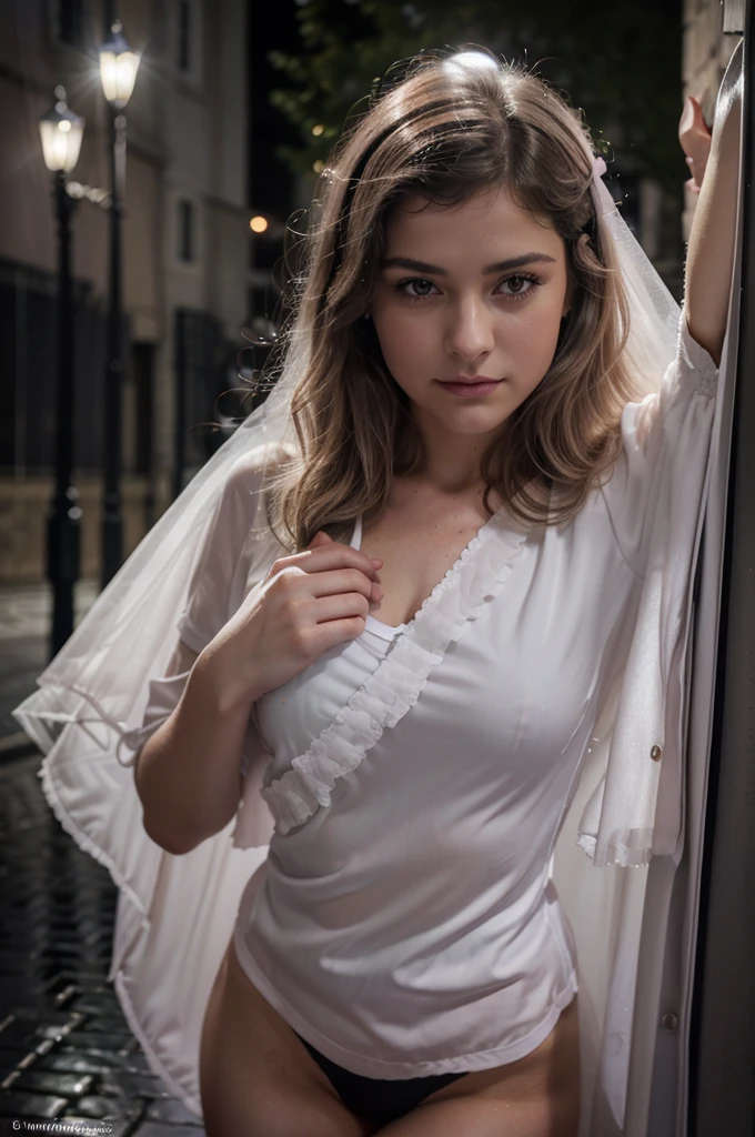 femme ouvre la porte la nuit, (((en peignoir))), sous la pluie orageuse, regard étonnant, lumière  éclair, vrages d&#39;art, Meilleure qualité, détails complexes, très détaillé, mise au point nette, peau détaillée, texture de peau Réaliste, texture, yeux détaillés, professionnel, 4k, Sourire charmant, prise avec Canon, 85 millimètres, légère profondeur de champ, couleur de vision kodak, corps parfaitement ajusté, extrêmement détaillé, photographier_\(ultra\), photographiqueRéaliste, Réaliste, Post-traitement, détails maximum, rugosité, vrai vie, ultraRéaliste, photoréalisme, photographie, 8K UH, photographie, (nuit, orageuse)