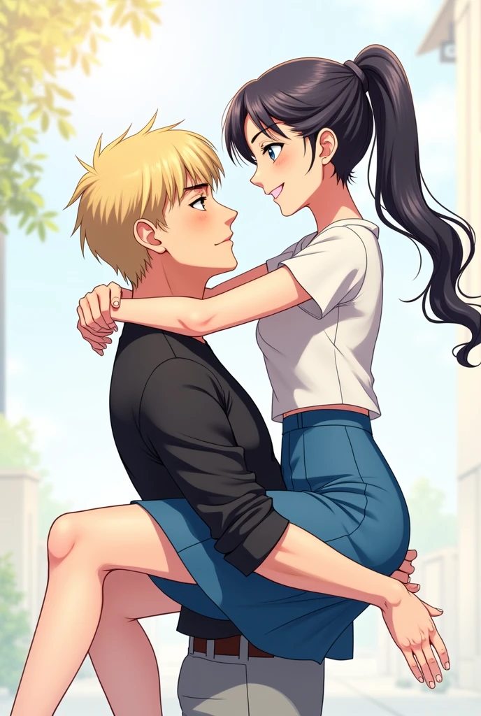  A mature handsome blonde guy with brown eyes, Beautiful inflated body, holding and hugging a beautiful mature girl with long black hair tied in a ponytail and blue eyes,masterpiece, realistically, detailed, Best quality