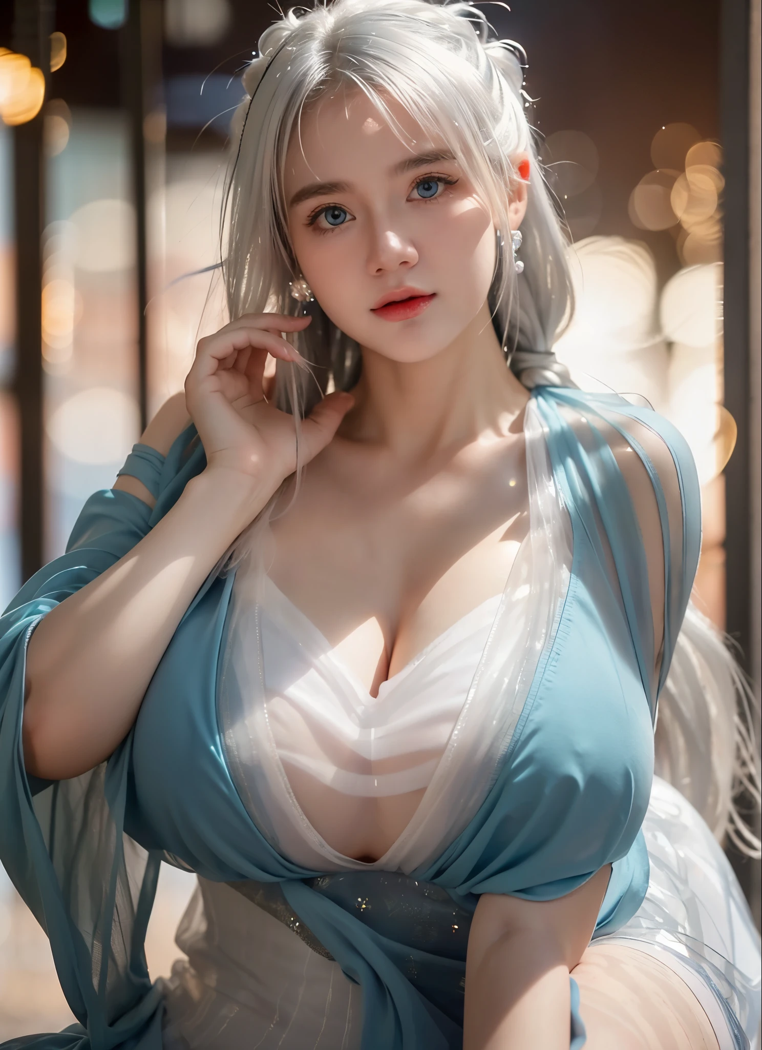 Georgeous, Beautiful, Cute, Baby Face, 18 Years Old, White Skin, Cleavage, ((Large Colossal Breast:1.3)), Sleeveless, Off Shoulder, Strapless, ((Transparent:1.3)), ((White Long Lolita Dress)), (Embroidery), Posing, ((Silver Hair)), ((Bright Blue Eye)), ((Muscles:1.2)), ((Bokeh:1.3)), Animal Farmer Background, Masterpiece, Twintails, Arms Up