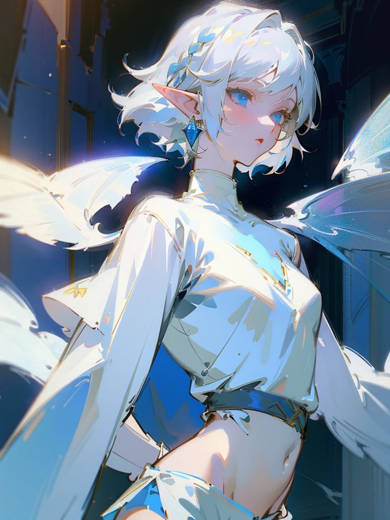Masterpiece, Best Quality, 8K, Octane Rendering, 1woman, elf, elf ears, light blue eyes, white hair, pixie haircut, earrings, blue shirt, white turtleneck, white shorts