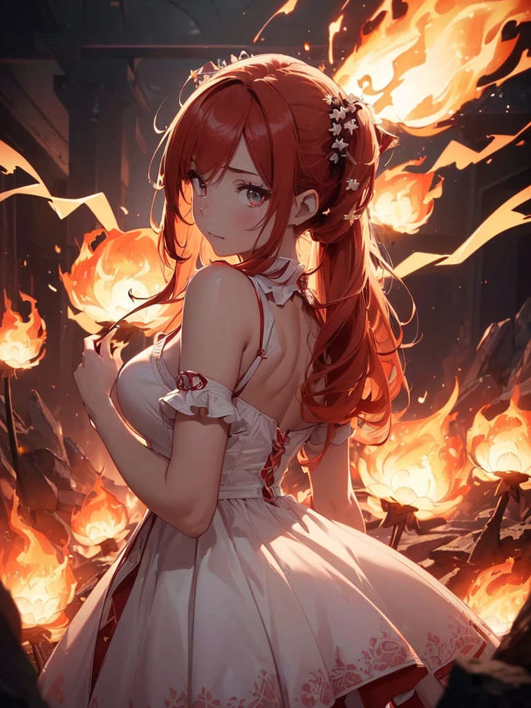 (((best quality, sharp image, clear image, cinematic lighting, 8k resolution, masterpiece, ultra detailed, intricate))) Girl, (((looking over right shoulder))), (shot from behind), ((half shot)), fiery red hair, pigtails, (white dress), ((flaming sigils, flaming runes)), spiky rock formations, (flaming lotus flowers), busy background, (swirling flames).