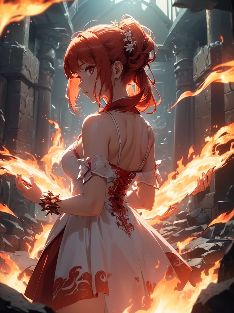 (((best quality, sharp image, clear image, cinematic lighting, 8k resolution, masterpiece, ultra detailed, intricate))) Girl, (((looking over right shoulder))), (shot from behind), ((half shot)), fiery red hair, pigtails, (white dress), ((flaming sigils, flaming runes)), spiky rock formations, (flaming lotus flowers), busy background, (swirling flames).