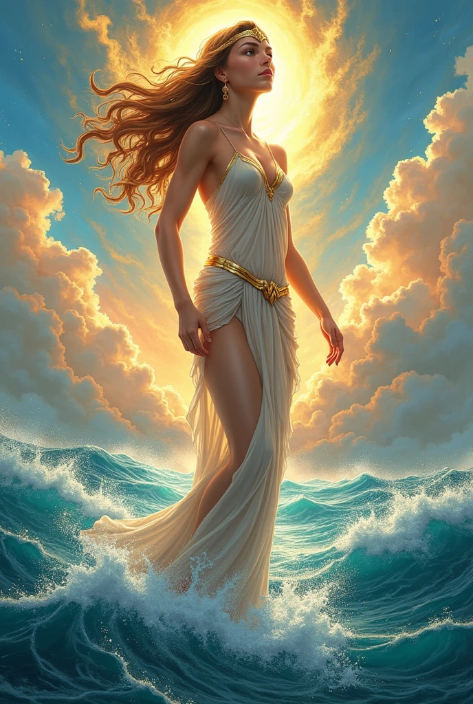 Comic cover of a Greek teenager emerging from the sea, dressed like Sandro Botticelli's Birth of Venus painting, with the spirit of Wonder Woman observing her from the sky.