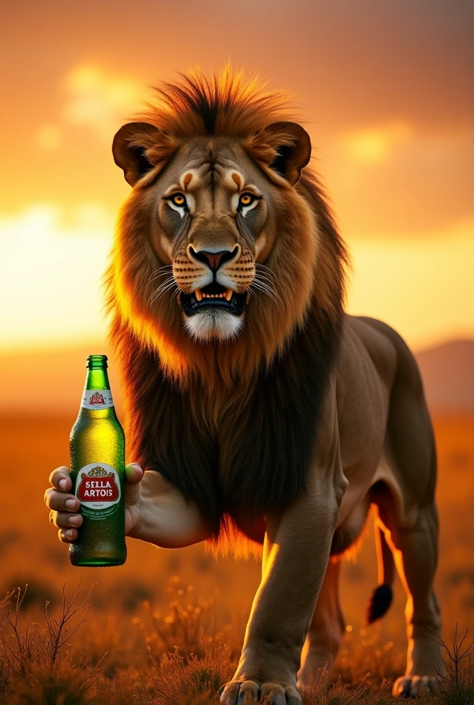 Create a photo of a strong lion with a fierce face and a Stella beer in its hand.