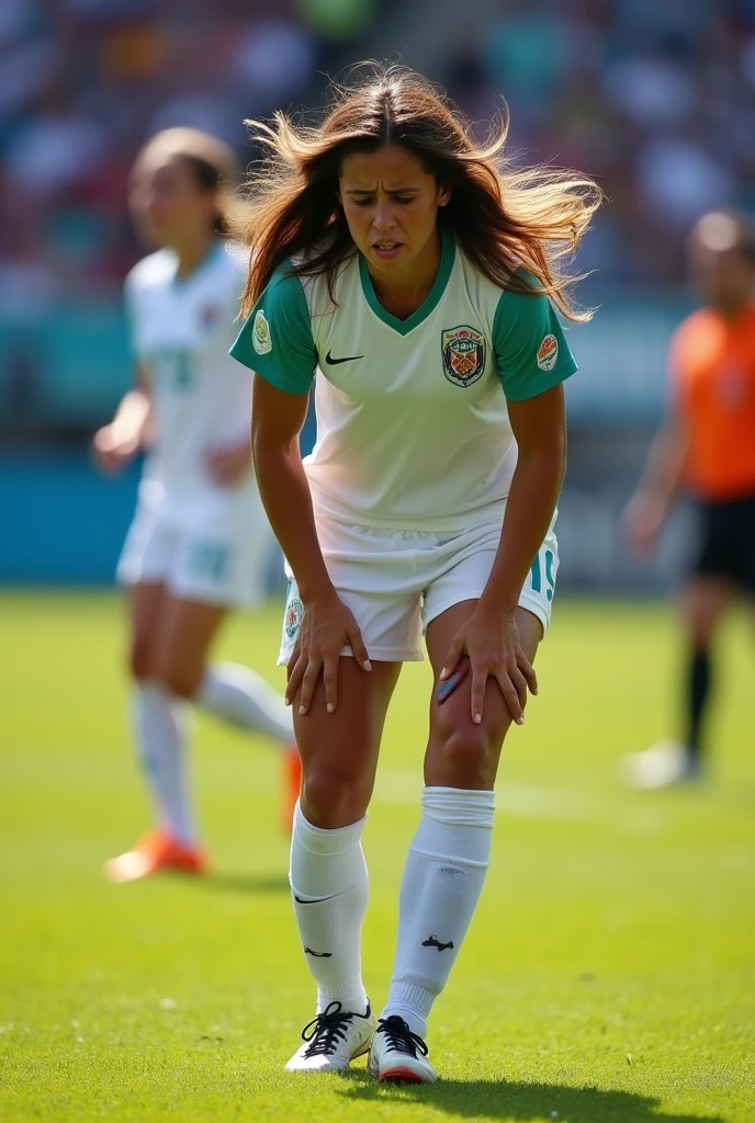 Women soccer injury leg crying foul in full body holding her leg in pain, White uniform, short celeste, adidas soccer cleats, long loose hair, beautiful Bolivian appearance 