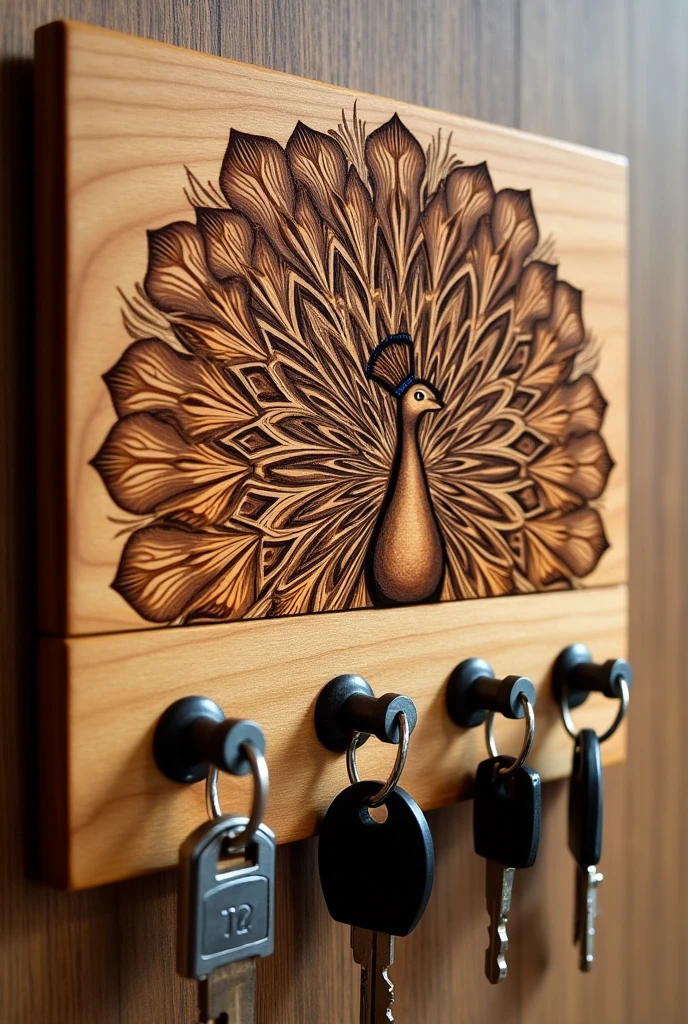 I want to create a wooden key holder , with two rows of fasteners 3 per row and have a peacock laser engraving