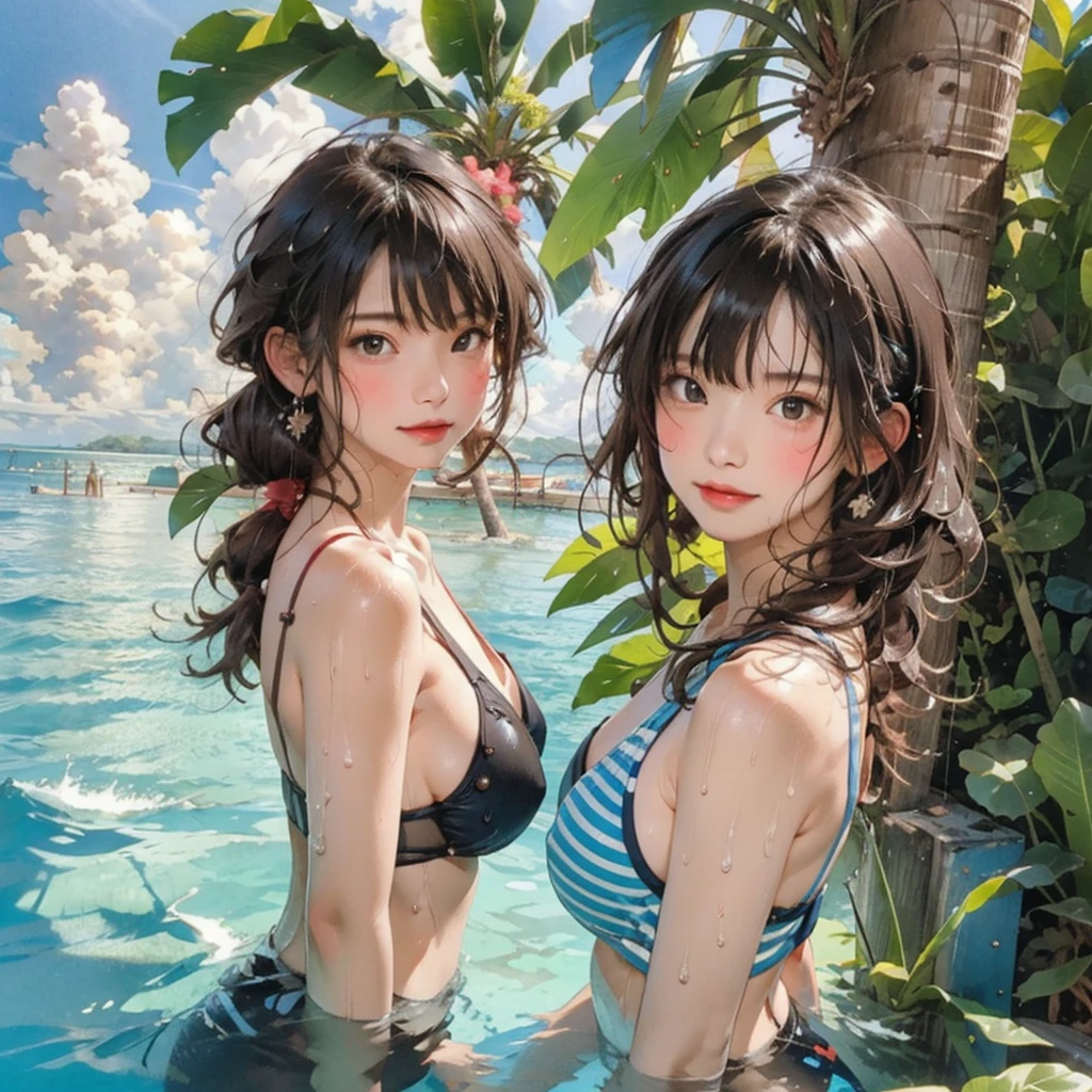 (tmasterpiece), (Best quality at best), (ultra - detailed),(ldisheveled hair),(illustratio), (1个Giant Breast Girl), (Fashion clothing), Permanent, A fashion model, looking at viewert, (Interview), (simple backgound),美丽细致的眼睛, exquisite and beautiful face, floating,(high saturated),(colorful splash),Colorful bubbles,(Shiny), Focus on the face, pony tails, Ayaka Kamisato, lightblue hair, By bangs, hair loops, floating flowers, floatinghair, (Shiny), best illuminate, The best shadow,