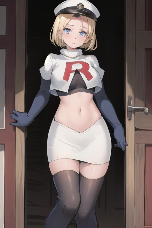 best quality, (masterpiece:1.2), illustration, absurdres, (1girl, solo, beautiful detailed girl),
 Theresia Caroline, short hair, blonde hair, blue eyes, medium breasts,
garrison cap, team rocket,team rocket uniform,white skirt,red letter R,crop top,black thigh-highs,black elbow gloves,
looking at viewer,