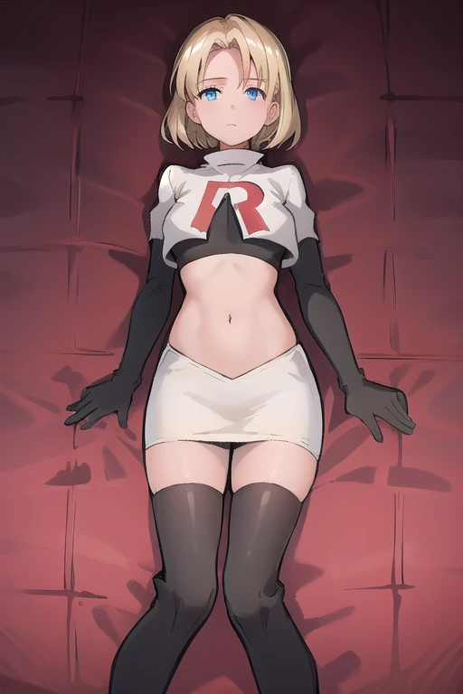 best quality, (masterpiece:1.2), illustration, absurdres, (1girl, solo, beautiful detailed girl),
 Theresia Caroline, short hair, blonde hair, blue eyes, medium breasts,
garrison cap, team rocket,team rocket uniform,white skirt,red letter R,crop top,black thigh-highs,black elbow gloves,
looking at viewer,