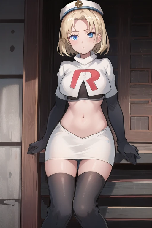 best quality, (masterpiece:1.2), illustration, absurdres, (1girl, solo, beautiful detailed girl),
 Theresia Caroline, short hair, blonde hair, blue eyes, medium breasts,
garrison cap, team rocket,team rocket uniform,white skirt,red letter R,crop top,black thigh-highs,black elbow gloves,
looking at viewer,