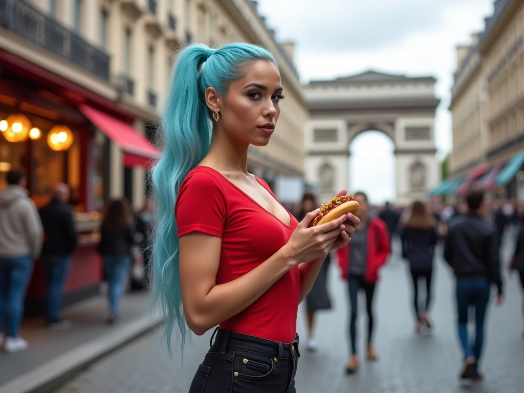 a beautiful biracial latina woman, long ponytail light blue hair, light blue eyes,big large breasts, wear red t-shirt low, black jeans and black shoes, in paris street, close to The triumphal arch, eating hot dog, Résolution Haute, extremely detailed full body,