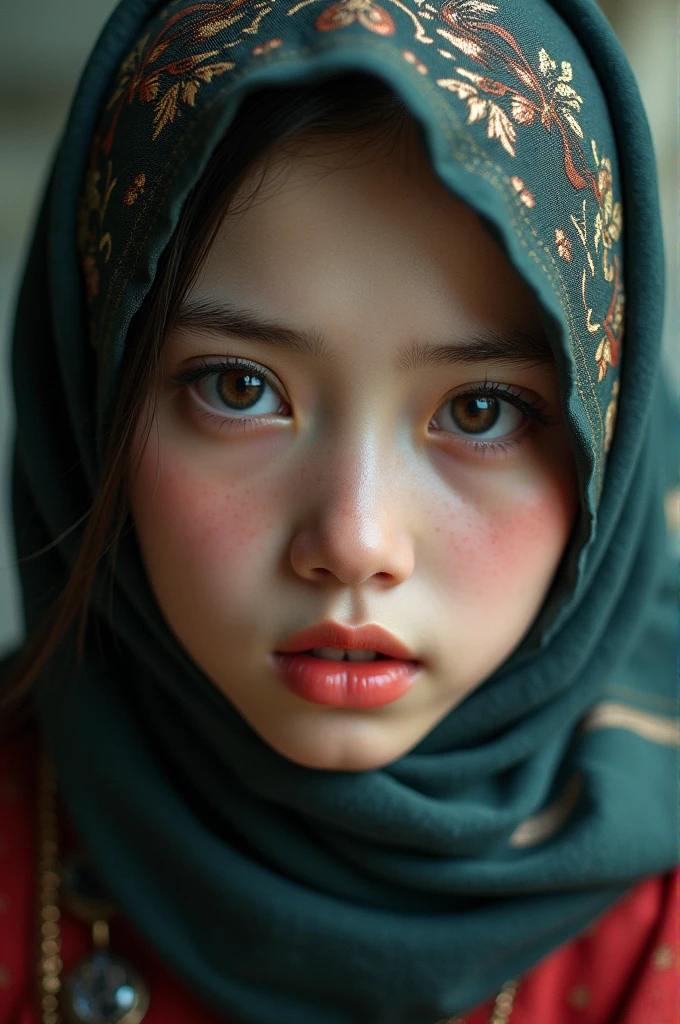 .masterpiece:1.2, best quality), Practical, (The true situation, Intricate details, Depth of Field), (1 girl, Solitary), cosmetic, Open your mouth, Very detailed, Perfect face, (Skin Indentation), Glossy coral lips, (A girl wearing a headscarf, Islamic clothing), blush, Raiden is depressed. (Thunder General) From genshin impact,High detail hands,