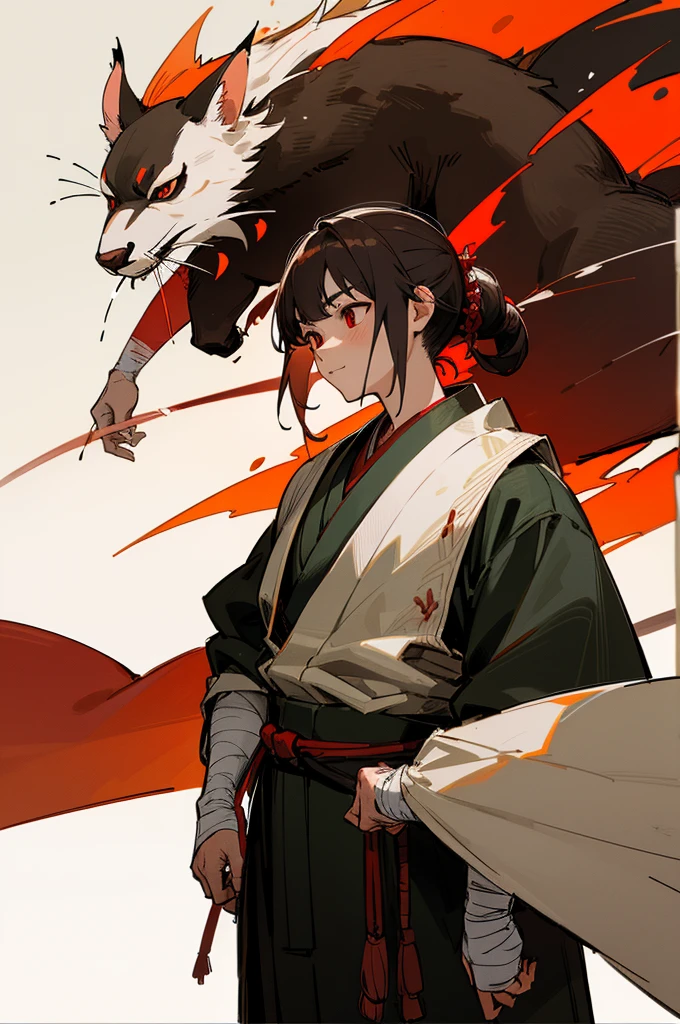 upper body, standing, dojo, japanese temple, inside, clothed, kimono, red kimono, rat tail, red eyes, goatee, brown body, white fur,brown fur, bandages, safe, (master splinter:1.2), solo, topwear, bottomwear, BREAK, by bruteandbrawn, by personalami, by kenket,