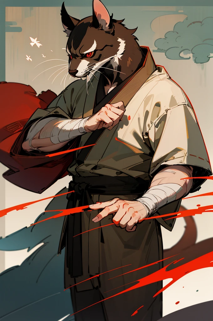 upper body, standing, dojo, japanese temple, inside, clothed, kimono, red kimono, rat tail, red eyes, goatee, brown body, white fur,brown fur, bandages, safe, (master splinter:1.2), solo, topwear, bottomwear, BREAK, by bruteandbrawn, by personalami, by kenket,