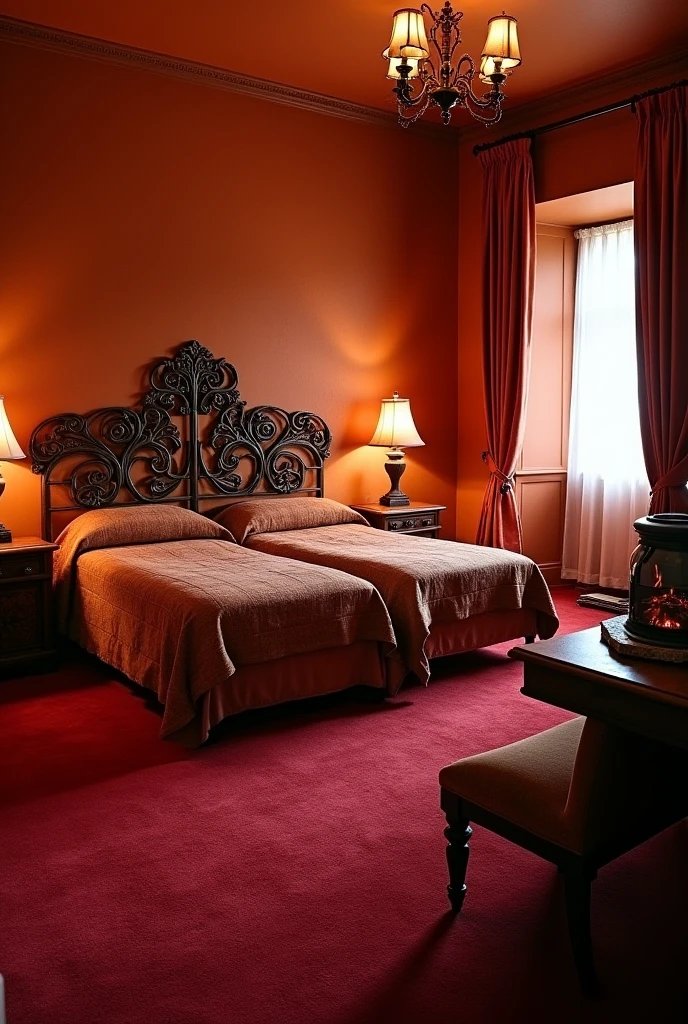 the large bedroom has 2 single beds, one on each wall, with good space between them and a red carpet on the floor. the walls have a slightly reddish color. Beds feature ornate headboards that often include details that evoke flames. each room is equipped with a smaller fireplace or heat source, providing a comfortable and welcoming environment. The decor is rustic, with furniture and accessories that complement the fire theme and create a comfortable space for residents.