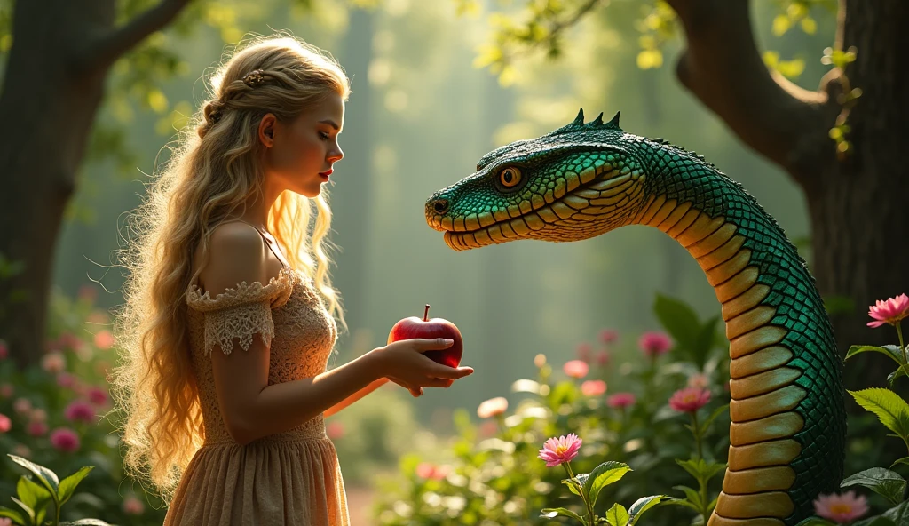 Eva refuses to eat the apple offered to her by the evil serpent.