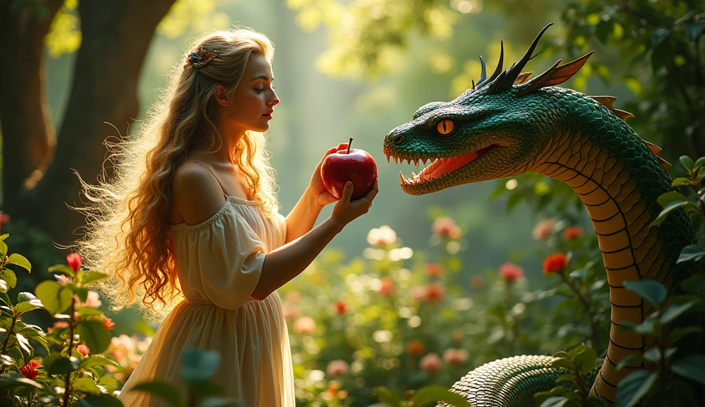 Eva refuses to eat the apple offered to her by the evil serpent.