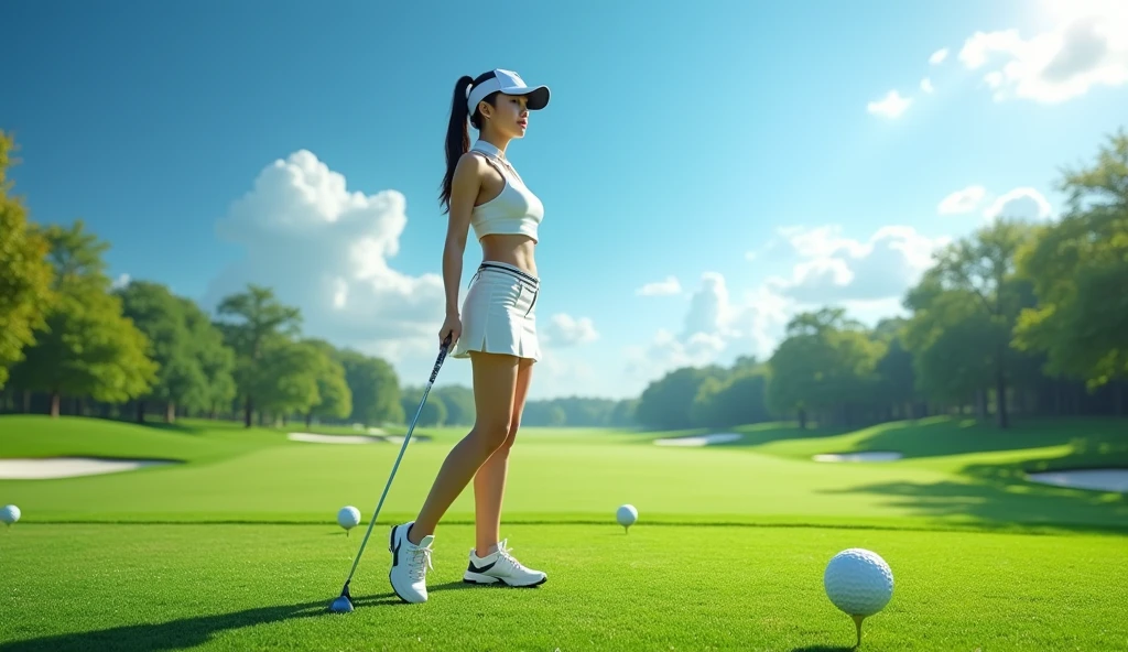 Make an Asian female model photo for a golf tournament poster, Full shot, The clothes are short skirts, sexy body, Make a golf ball in the background, nike golf shoes, accurate, high details, super detail, high quality, best quality, highres, masterpiece, Please fill in the background,