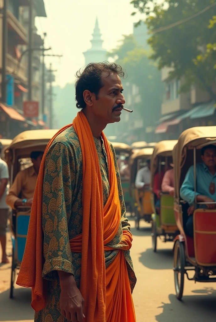 Feluda wearing traditional clothes cigarette in hand thinking seriously 