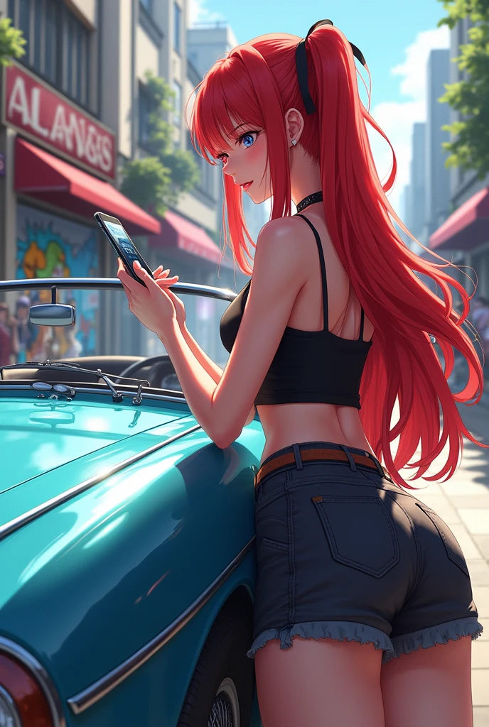Anime woman with red hair, with the phone resting on the car. art anime